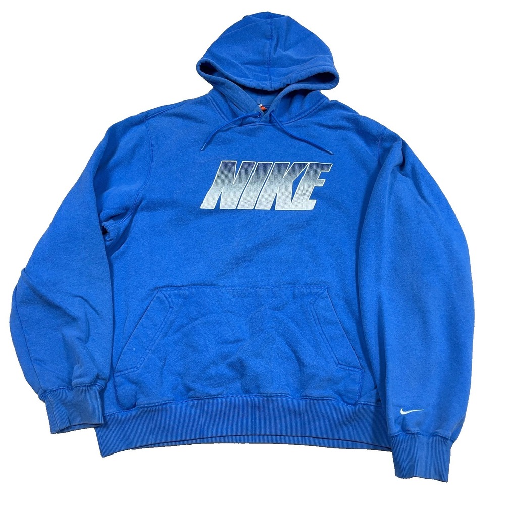 Vintage Y2K Nike Hoodie Men XL Blue Sweatshirt Spellout Swoosh Logo 2000s Grunge